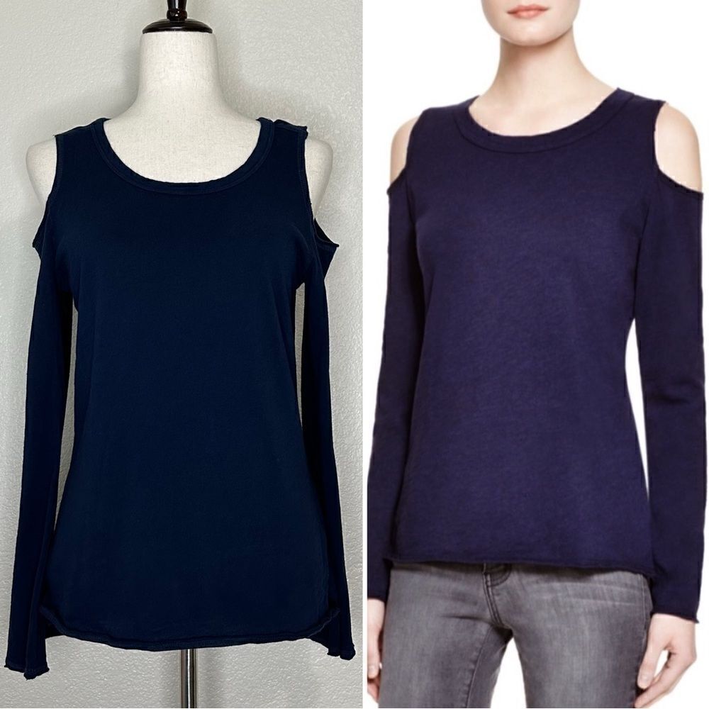 Nation LTD 100% Cotton Navy Blue Cold Shoulder Long Sleeves Top, Sz Small